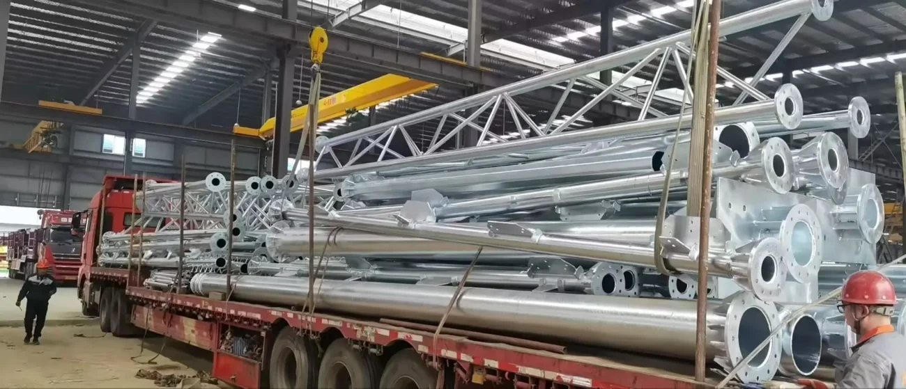 Galvanized tower structures loaded in workshop